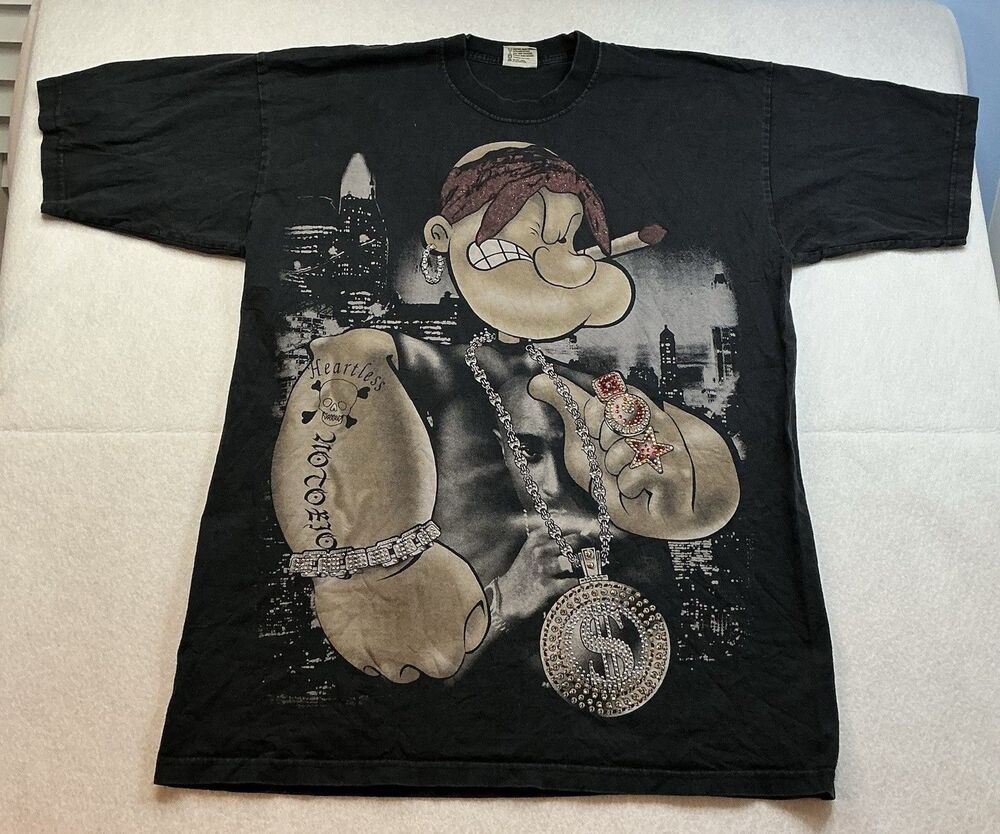 Vintage Popeye Gangster Graphic T-Shirt 2XL Tall Black Heavyweight Cotton
